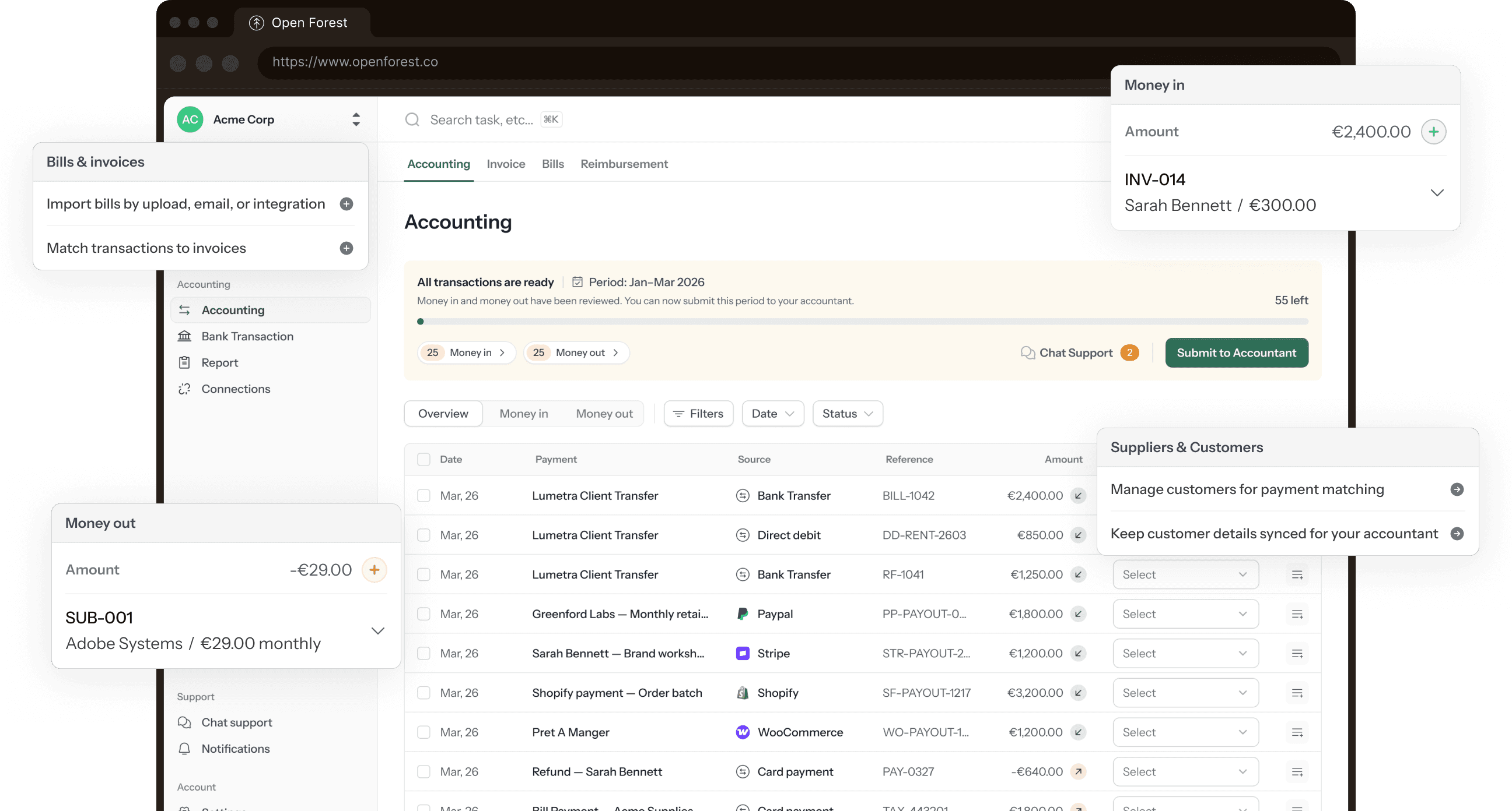 Open Forest finance operations dashboard showing bookkeeping, reconciliation, reports, and monthly finance workflows.