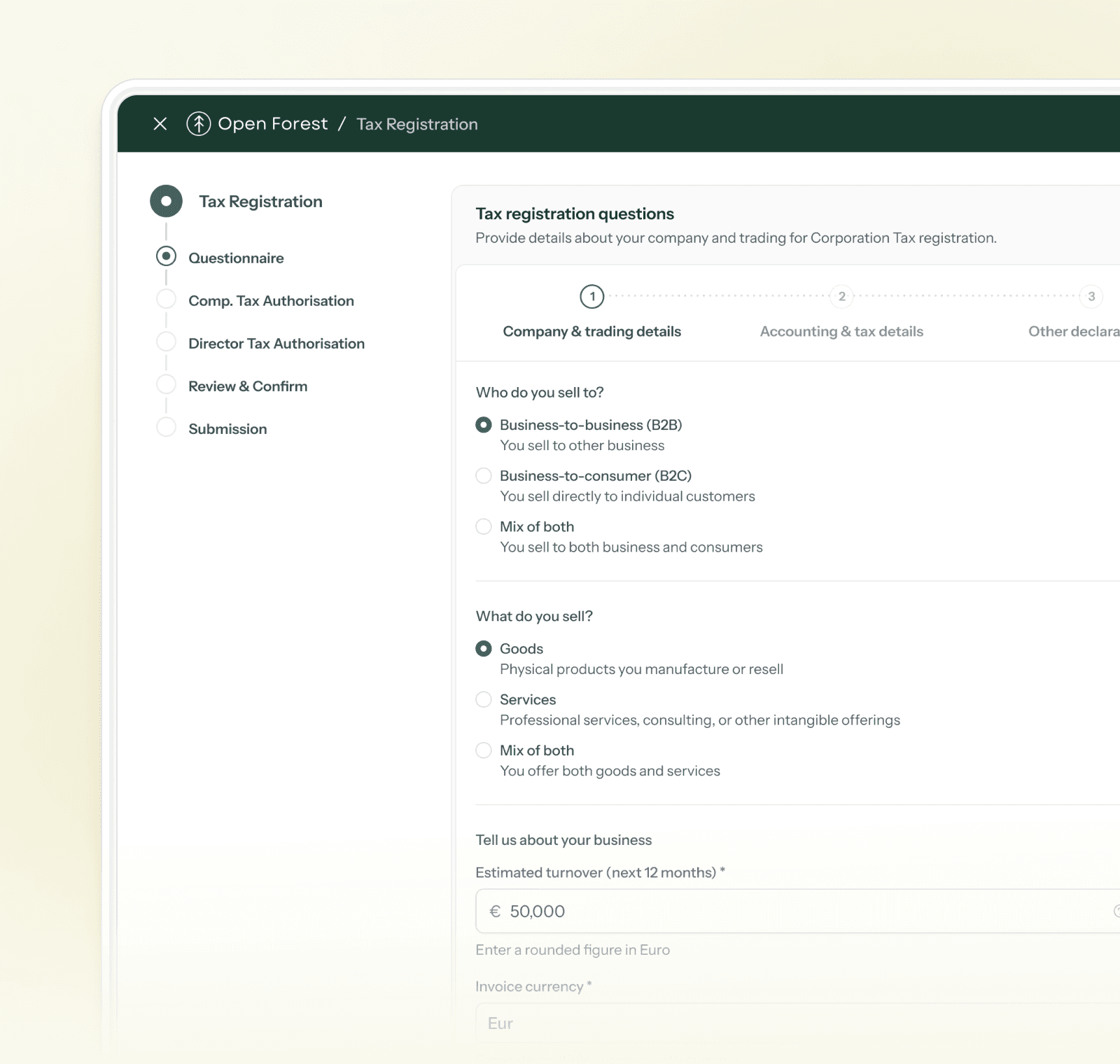 Open Forest corporation tax registration overview.
